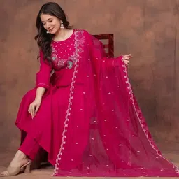 KRIFRA Women Ethnic Motifs Embroidered Empire Thread Work Chanderi Silk Kurta with Trousers & With Dupatta image 2