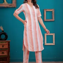 NAVYAAZRI Striped V Neck Pure Cotton Straight Kurta With Trousers-picture-12