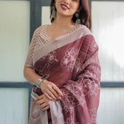 ALMAARI FASHION Floral Printed Pure Linen Banarasi Saree image 5