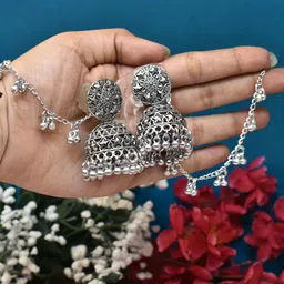MEIRA JEWELLERY Silver-Plated Dome Shaped Oxidised Jhumkas-picture-42