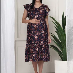Frempy Floral Print Flutter Sleeve Maternity Fit & Flare Midi Dress-picture-11