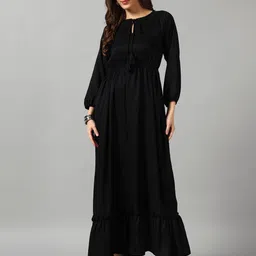 Femvy Tie-Up Neck Gathered or Pleated Casual A-Line Maxi Dress-image-81
