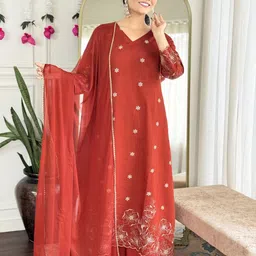 Aaghnya Women Rust Ethnic Motifs Embroidered Regular Kurta with Palazzos & With Dupatta-image-81