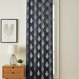 GEET CREATIONS Navy Blue & Gold-Toned Floral Printed Room Darkening Velvet Window Curtain-picture-26