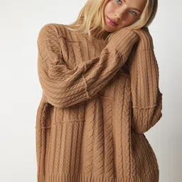 Happiness istanbul Women Biskvi Cable Knit Ribbed Pullover Sweaters image 3