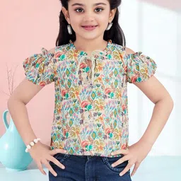 Lei-Chie Girls Floral Printed Tie-Up Neck Cold-Shoulder Sleeves Top-image-32