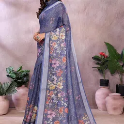 JYA Floral Printed Linen Shimmer Saree With Blouse Piece image 4