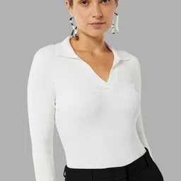 Maheshvi Women Ribbed Shirt Collar Long Sleeves Fashion Regular Top image 2