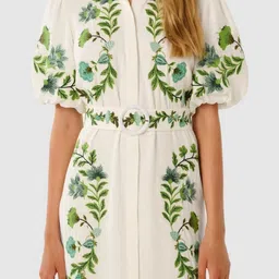 Forever New Floral Embroidered Puff Sleeve Linen Shirt Midi Dress image 2