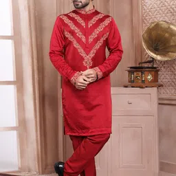 EVASTRO Ethnic Motifs Embroidered Regular Banarasi Silk Straight Kurta with Pyjamas image 1