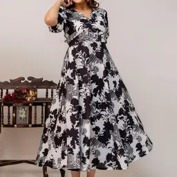 SZN Women Black Floral Printed Round Neck Flared Puff Sleeves Cotton Dress-image-31