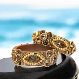 PRIYA KANGAN Women Pack Of 2 Golden Artificial Stones & Pearls Studded Acrylic Bangles-picture-12