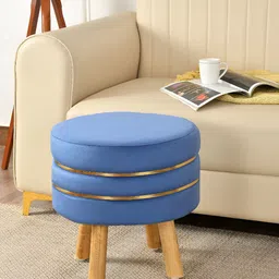 NACIA Blue Round Shaped Wooden & Velvet Ottoman Pouffes Stool-picture-30