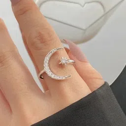Zoey Unisex Silver-Plated Zircon-Studded Half Moon & Star Shaped Adjustable Finger Ring image 3