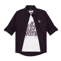 CHARCHIT Boy Comfort Striped Spread Collar Roll-Up Sleeves Cotton Casual Shirt-picture-11