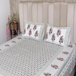 Hawamahal Grey & Green Floral 350 TC King Bedsheet with 2 Pillow Covers-picture-36