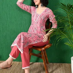 Sangria Printed V-Neck Straight Kurta With Trouser image 5