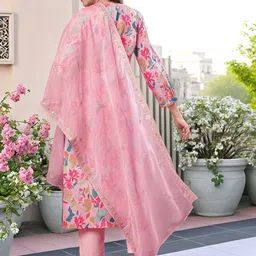 Moda Rapido Floral Printed Beads And Stones V-Neck Kurta With Trousers & Dupatta image 3