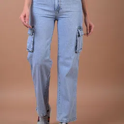 Crimsoune Club Women Pure Cotton Wide Leg Mid-Rise Light Fade Stretchable Cargo Jeans-image-24