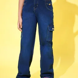 Purple Feather Girl Straight Fit High-Rise Light Fade Stretchable Cargo Styles Jeans-image-98