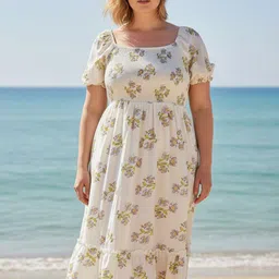 Sztori Women Plus Size Square Neck Smocked Floral Print Puff Sleeve Fit & Flare Midi Dress-picture-39