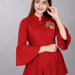 manksh Casual Bell Sleeves Embroidered Women Maroon Top-picture-27