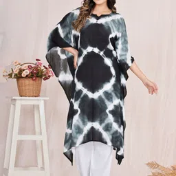 LYFJ Women Dyed Flared Sleeves Thread Work Asymmetric Crepe Kaftan Kurta image 3