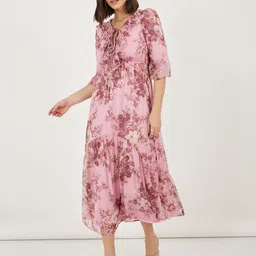 Styli Women Ruffle Neck Puff Sleeves A-Line Maxi Dress-image-54