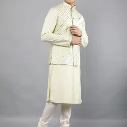 Manish Creations Mandarin Collar Straight Kurta With Churidar And Nehru Jacket image 5