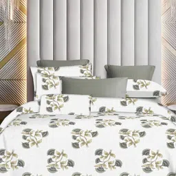 Sleeping Owls Grey & White Floral 144 TC Queen Bedsheet with 2 Pillow Covers-image-50