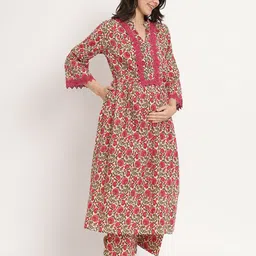 Aujjessa Floral Printed A-Line Pure Cotton Maternity Feeding Kurta with Trousers image 3