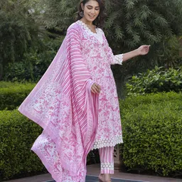 Jaitpuriya Women Floral Printed Regular Pure Cotton Kurta with Trousers & With Dupatta image 5