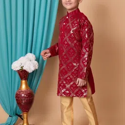 HUMAN CHOICE Boys Maroon Dupion Silk Embroidered Kurta & Pyjamas image 2
