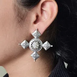 Hardin Style German Silver-Plated Pearls Studded Geometric Oxidised Drop Earrings-image-35