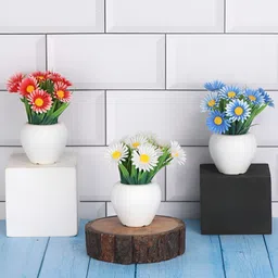 FOLIYAJ Green 3 Pieces Daisy Basil Artificial Plant With Pot-picture-1