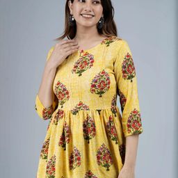Indiwest Women Mustard Ethnic Printed Round Neck Pleated Viscose Rayon Top-picture-1