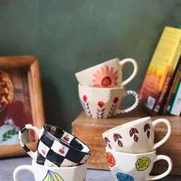 WEAVING HOMES White & Red 6 Pieces Mystic Bloom Ceramic Glossy Mugs-220 ml Each-picture-14