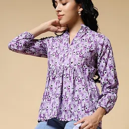 Womenster Women Abstract Print Mandarin Collar Cotton Empire Top-image-91