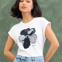 Iconic Women Biker Self Design Extended Sleeves Pure Cotton Applique T-shirt-picture-13