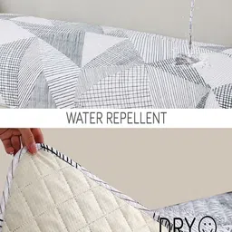 HOKIPO White Printed Waterproof 1 Seater Sofa Cover & 2 Armrest Covers With Pockets image 3