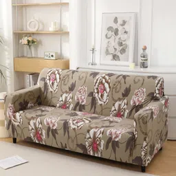 HOKIPO Brown & White Printed Polyester 1 Piece Sofa Cover With Arms image 1