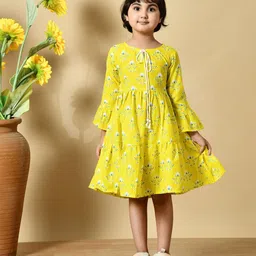 MoMaa Girls Floral Printed Bell Sleeves Tie-Up Neck Fit and Flare Cotton Dress-picture-56