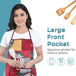 Kuber Industries 2 Pcs Red Leaf Printed Cotton Apron For Kitchen with Front Pocket image 3