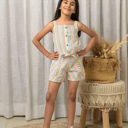 Fairies Forever Girls Striped Square Neck Pure Cotton Top With Shorts-picture-47