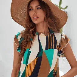 Stylecast X Slyck Women Geometric Print Flutter Sleeve Ruffles Blouson Top image 5