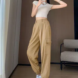 FLOREOS Women Comfort Loose Fit Easy Wash Cargos Trousers image 3