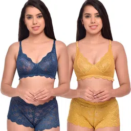 Women Blue,Yellow Net Bra Panty Set for Lingerie Set Undergarments Pack of 2-image-94