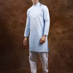Exotic India Men Blue Elixir Pure Cotton Plain Casual Kurta with White Pajama image 3