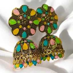 M55 Gold-Plated Artificial Stones Studded And Beaded Dome Shaped Jhumkas image 2