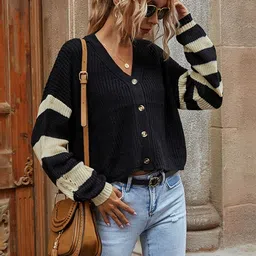 StyleCast Women Striped V-Neck Monochrome Cardigan-image-29